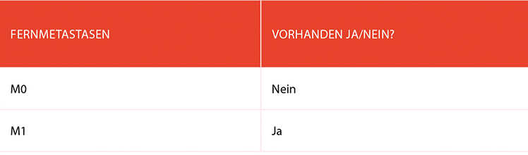 Metastasen bei Brustkrebs Tabelle, die angibt, ob der Brustkrebs sich bereits in andere Gewebe ausgebreitet hat.