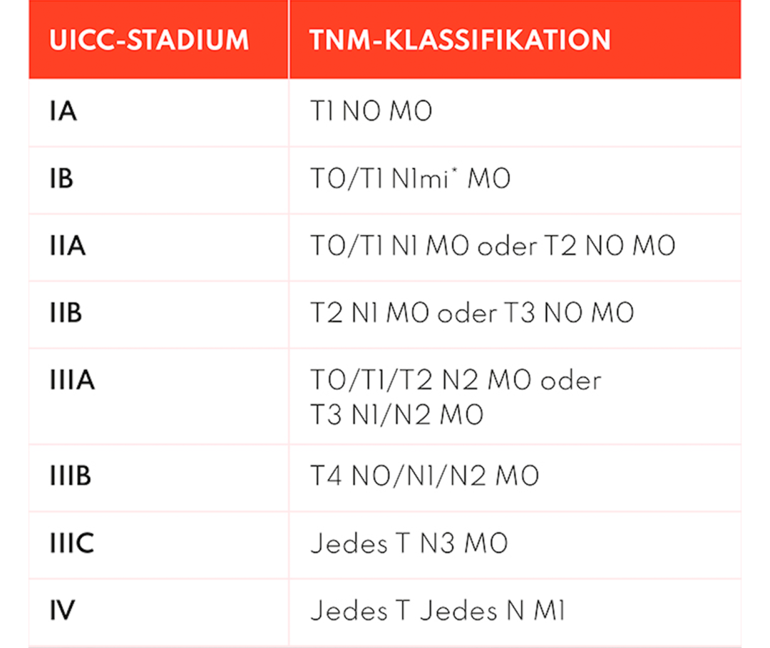 Tabelle mit der TNM-Klassifikation für Brustkrebs. Sie gibt die Grösse des Tumors (T), den Befall von Lymphknoten (N) und das Vorhandensein von Metastasen (M) an.