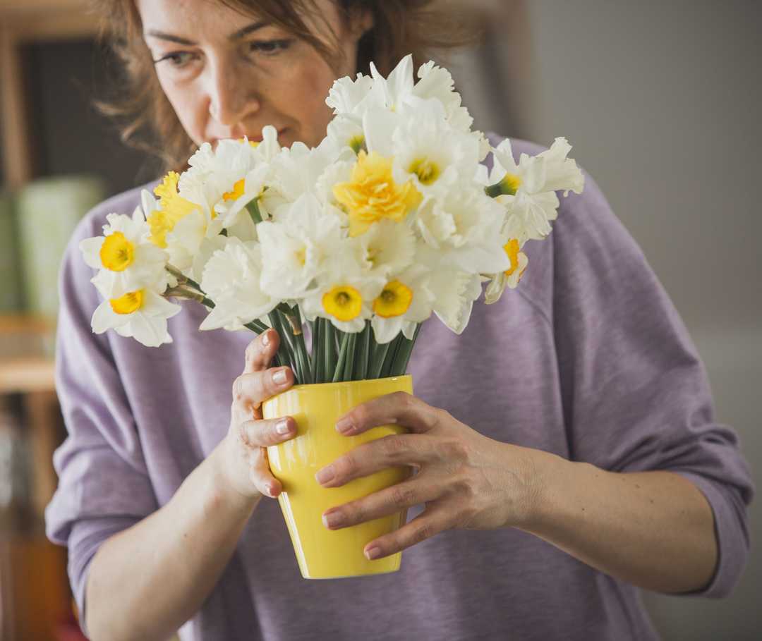 Une femme tient un vase de narcisses blancs.